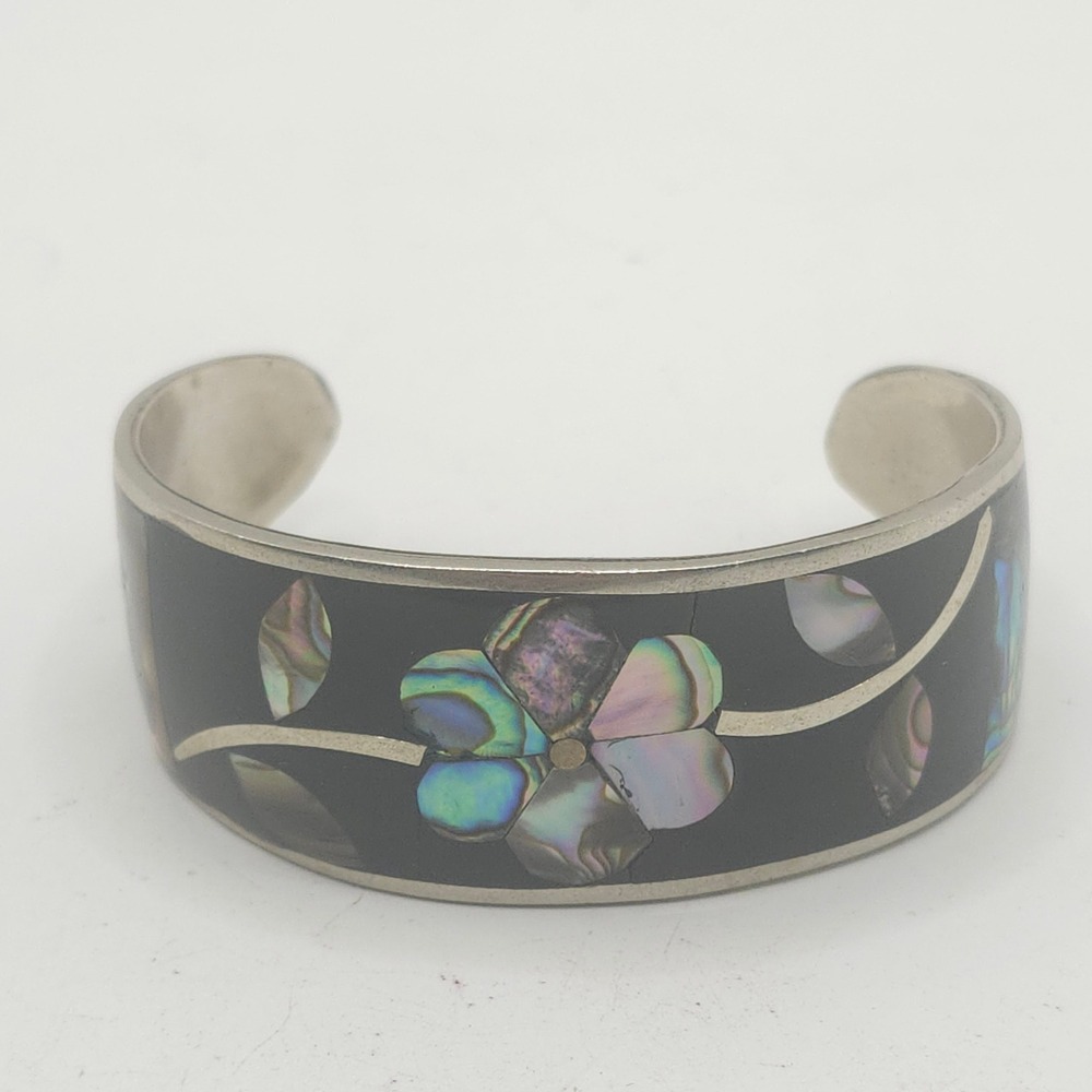 Vintage Mexican Alpaca Silver Abalone Inlay Flower Black Wide Band Cuff Bracelet